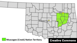 Map of Muscogee (Creek) Nation within the state of Oklahoma. Three of the state's largest cities, including Tulsa, lie partially or wholly within those boundaries.