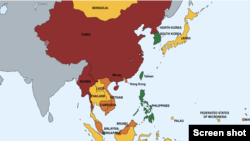 အမေရိကန် နိုင်ငံခြားရေးဝန်ကြီးဌာနက Tier-3 အနိမ့်ဆုံးအဆင့်အဖြစ် အနီရောင် သတ်မှတ်ထားတဲ့ မြန်မာနိုင်ငံ၊ တရုတ်နဲ့ မြောက်ကိုရီးယားနိုင်ငံ။