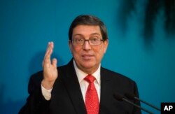 브루노 로드리게스 쿠바 외무장관이 24일 아바나에서 기자회견을 열었다.