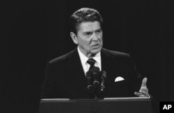 FILE - President Ronald Reagan during a debate with Democratic Presidential candidate Walter Mondale on October 8, 1984, in Louisville, Ky. In the debate, Reagan pledged he would not make age an issue nor “exploit, for political purposes, my opponent’s youth and inexperience.”