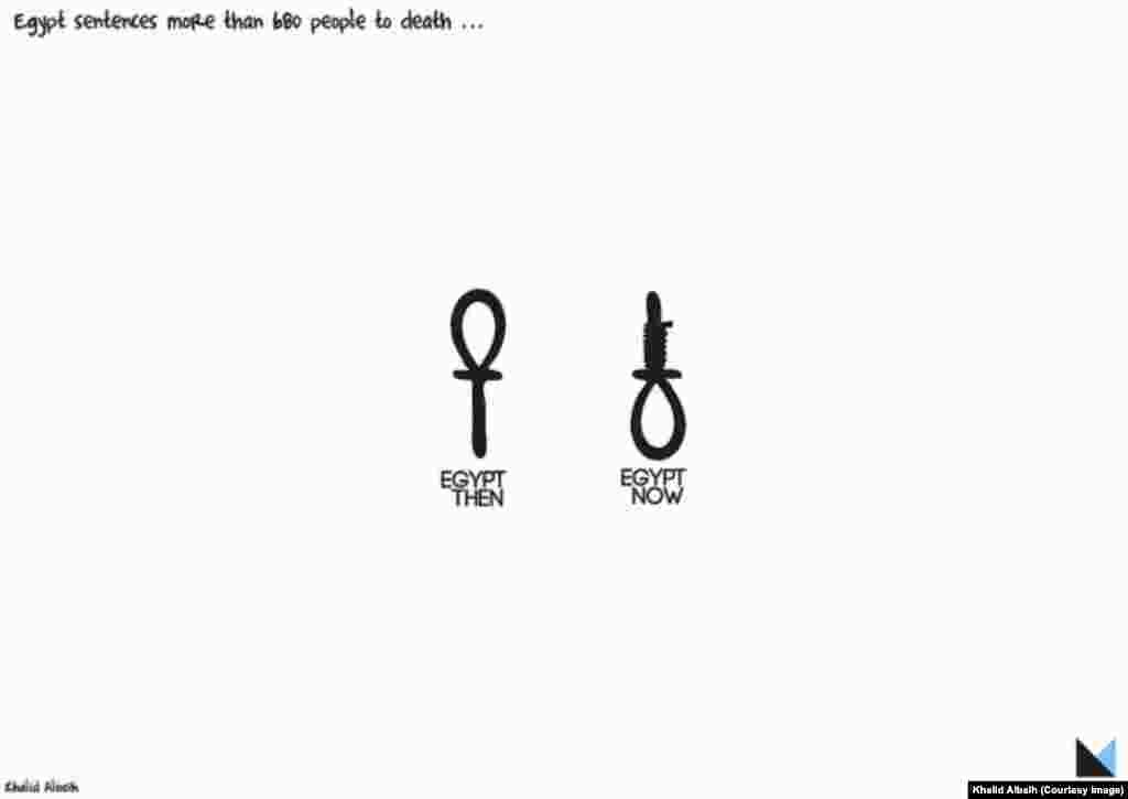 A cartoon by Sudanese artist Khalid Albaih juxtaposes the ancient Egyptian ankh hieroglyph, which means 'life', with a hangman's noose. 