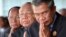 Chea Sim, center, president of the ruling Cambodian People's Party, Heng Samring, rear left, the party honorary president, Hun Sen, foreground, the party's vice president and the prime minister of the Cambodian government, file photo. 