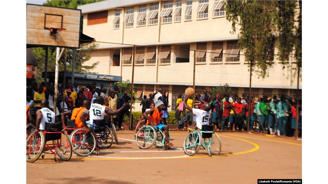 Disabled athletes play basketball as part of Uganda's Wheelchair Basketball Association.
