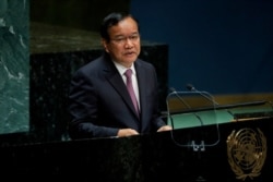 FILE - Cambodian Foreign Minister Prak Sokhonn addresses the United Nations General Assembly at U.N. headquarters in New York City, New York, Sept. 28, 2019.
