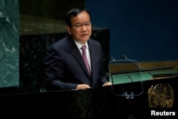 FILE - Cambodian Foreign Minister Prak Sokhonn addresses the United Nations General Assembly at U.N. headquarters in New York City, New York, Sept. 28, 2019.