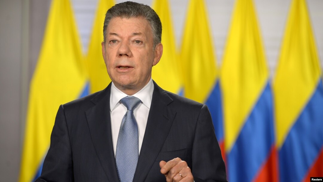 Predsednik Kolumbije, Huan Manuel Santos, obraća se naciji u Bogoti, Kolumbija, 25. maja 2018. Santos je najavio da će njegova zemlja formalno postati prva latinoamerička "globalna partnerka" NATO-a.