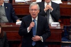 U.S. Senate Majority Leader Mitch McConnell speaks during the second day of the Senate impeachment trial of U.S. President Donald Trump, Jan. 22, 2020. (U.S. Senate TV/Handout via Reuters)