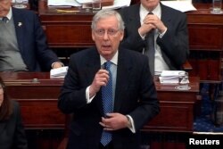 U.S. Senate Majority Leader Mitch McConnell speaks during the second day of the Senate impeachment trial of U.S. President Donald Trump, Jan. 22, 2020. (U.S. Senate TV/Handout via Reuters)