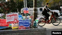 A cyclist peddles past a DC Cannabis Campaign sign, second from left, in Washington, D.C., Nov. 4, 2014. 