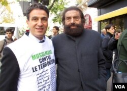 Jewish writer and activist Market Halter, right, helped organize the march in Paris, Nov. 11, 2017. (L. Bryant / VOA)