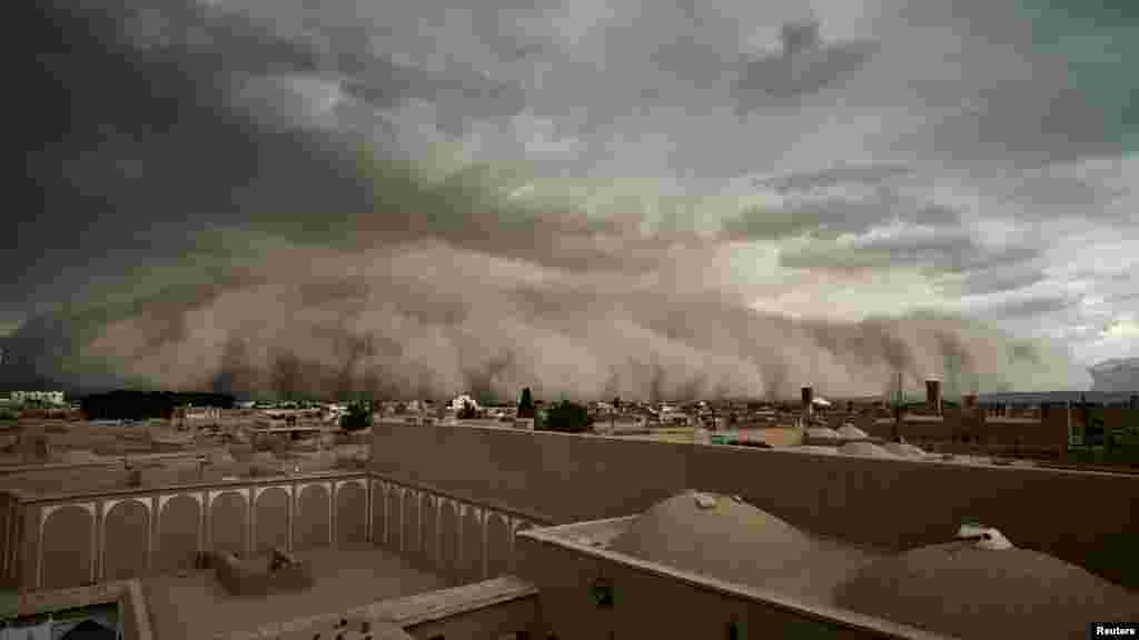 A sandstorm approaches in Yazd, Iran, in this image obtained from social media.