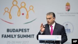 Hungarian Prime Minister Viktor Orban delivers a speech during the Demographic Forum of the Budapest Family Summit conference in Budapest, Hungary, May 25, 2017. 