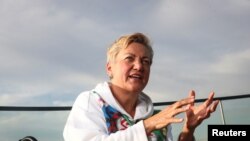 FILE - Valeria Gontareva, former chair of the National Bank of Ukraine, speaks during an interview in London, Britain, Sept. 14, 2019. 