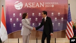 美国副总统卡马拉·哈里斯（Kamala Harris）2023年9月6日在雅加达出席东盟（ASEAN）峰会期间与印尼总统佐科·维多多（Joko Widodo）举行双边会谈。（美联社）