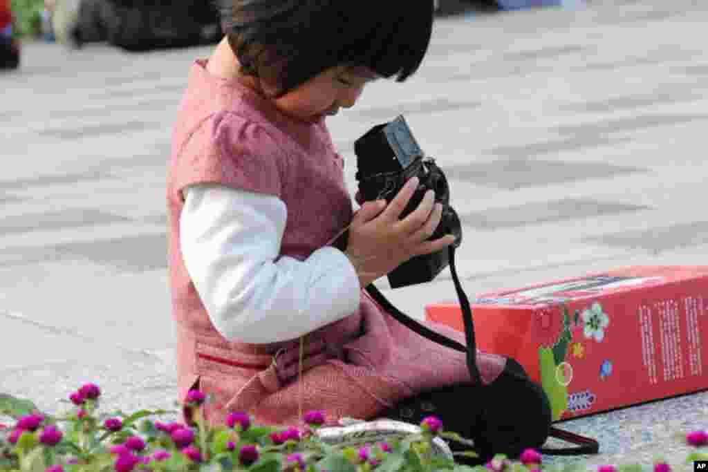小女孩在花卉旁玩照相机