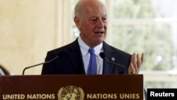 U.N. mediator for Syria Staffan de Mistura speaks to media after a new round of negotiations on the Syria conflict at the European headquarters of the United Nations in Geneva, Switzerland, March 14, 2016.