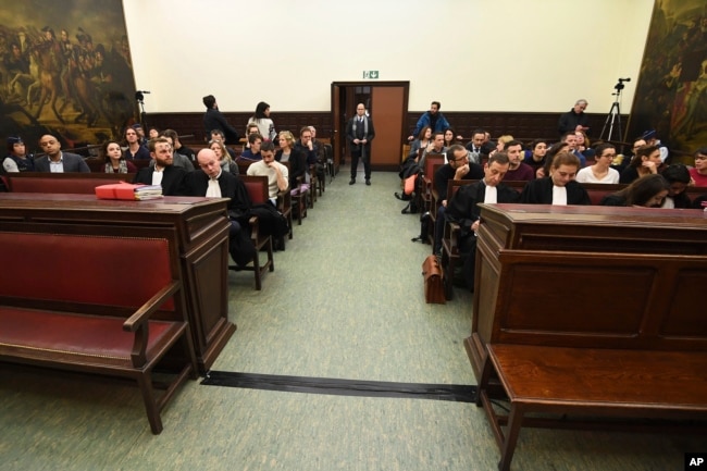 A general view of the courtroom prior to the trial of Salah Abdeslam at the Brussels Justice Palace in Brussels on Monday, Feb. 5, 2018. Salah Abdeslam and Soufiane Ayari face trial for taking part in a shooting incident in Vorst, Belgium on March 15, 201