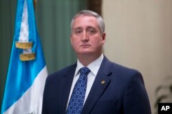Interior Minister Enrique Degenhart gives a press conference in Guatemala City, Sept. 17, 2018.