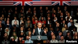 President Barrack Obama takes part in a Town Hall meeting at Lindley Hall in London, April 23, 2016. 