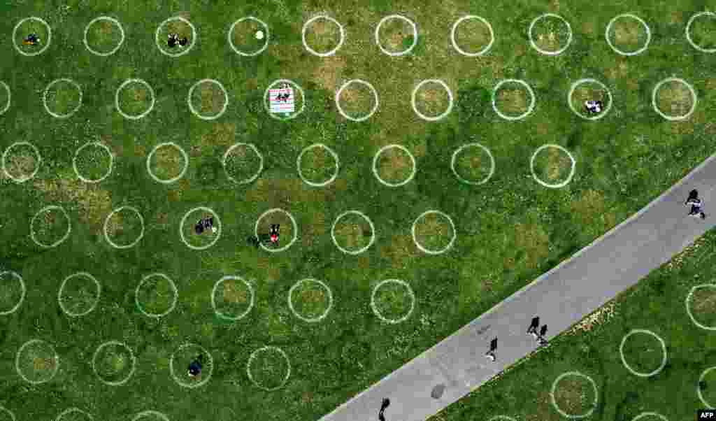 An aerial view shows a field with painted circles for social distance at the Rhine promenade in Duesseldorf, western Germany, July 12, 2020.