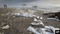 FILE - Police officers monitor debris washed ashore on the Mount Maunganui Beach near New Zealand in October 2011. The massive collection of ocean trash known as the Great Pacific Garbage Patch contains nearly 80,000 tons of plastic, according to a study released March 22, 2018.