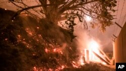 Api kebakaran lahan melalap sebuah pagar di Highway 1 dekat Big Sur, California, Sabtu, 22 Januari 2022.