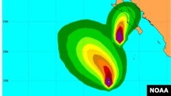 El mapa muestra los pronósticos para la tormenta tropical Octave que se dirige a la costa de Baja California, y de Priscilla que avanzará en paralelo.