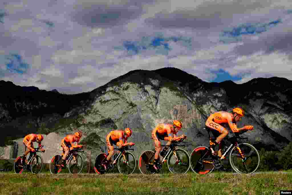 Team CCC Sprandi Polkowice&#39;s cyclists compete in the men&#39;s Team Time Trial race during the UCI Cycling Road World Championships in Innsbruck, Austria.