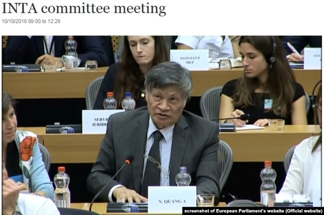 TS. Nguyễn Quang A phát biểu tại một phiên điều trần của INTA về EVFTA ở Brussels.