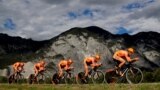 Team CCC Sprandi Polkowice&#39;s cyclists compete in the men&#39;s Team Time Trial race during the UCI Cycling Road World Championships in Innsbruck, Austria.