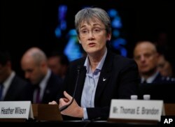 FILE - U.S. Air Force Secretary Heather Wilson testifies during a Senate Judiciary Committee hearing on Capitol Hill in Washington, Dec. 6, 2017.