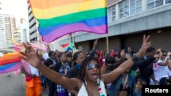 FILE - A woman holds her hands up during the Durban Pride parade where several hundred people marched through the city center in support of gay rights, July 30, 2011 file photo. 