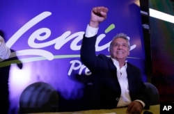 Lenin Moreno, presidential candidate for the ruling party Alliance PAIS, celebrates the closing of the polls for the general election, in Quito, Ecuador, Feb. 19, 2017.
