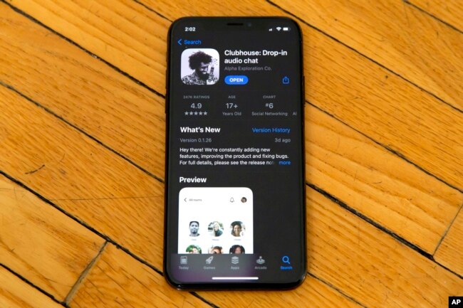 Apple's App Store page for the social media app Clubhouse is displayed on a smartphone screen in Beijing, Tuesday, Feb. 9, 2021.