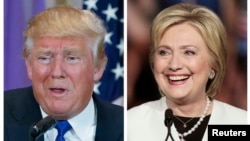 FILE - Republican U.S. presidential candidate Donald Trump (l), in Palm Beach, Fla., and Democratic presidential candidate Hillary Clinton in Miami, at their respective Super Tuesday campaign events, March 1, 2016. 