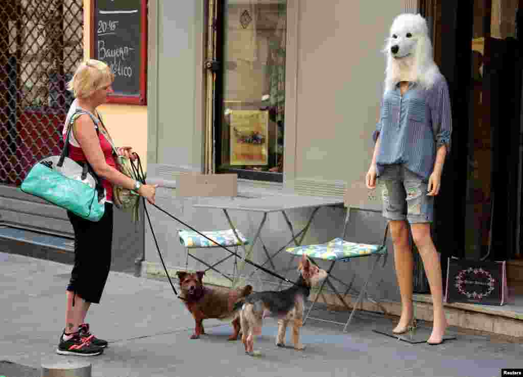 A woman and her dogs stop and look at a store mannequin wearing a dog&#39;s head mask outside a fashion shop in Nice, France.