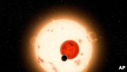 Artist's conception of planet (dark circle) orbiting two suns