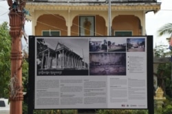 An exhibition display panel lists the history of events at Wat Sgnuon Pich during the Khmer Rouge regime, Phnom Penh, Cambodia, July 3, 2020. (Courtesy photo of Phat Chansonita/Documentation Center of Cambodia)