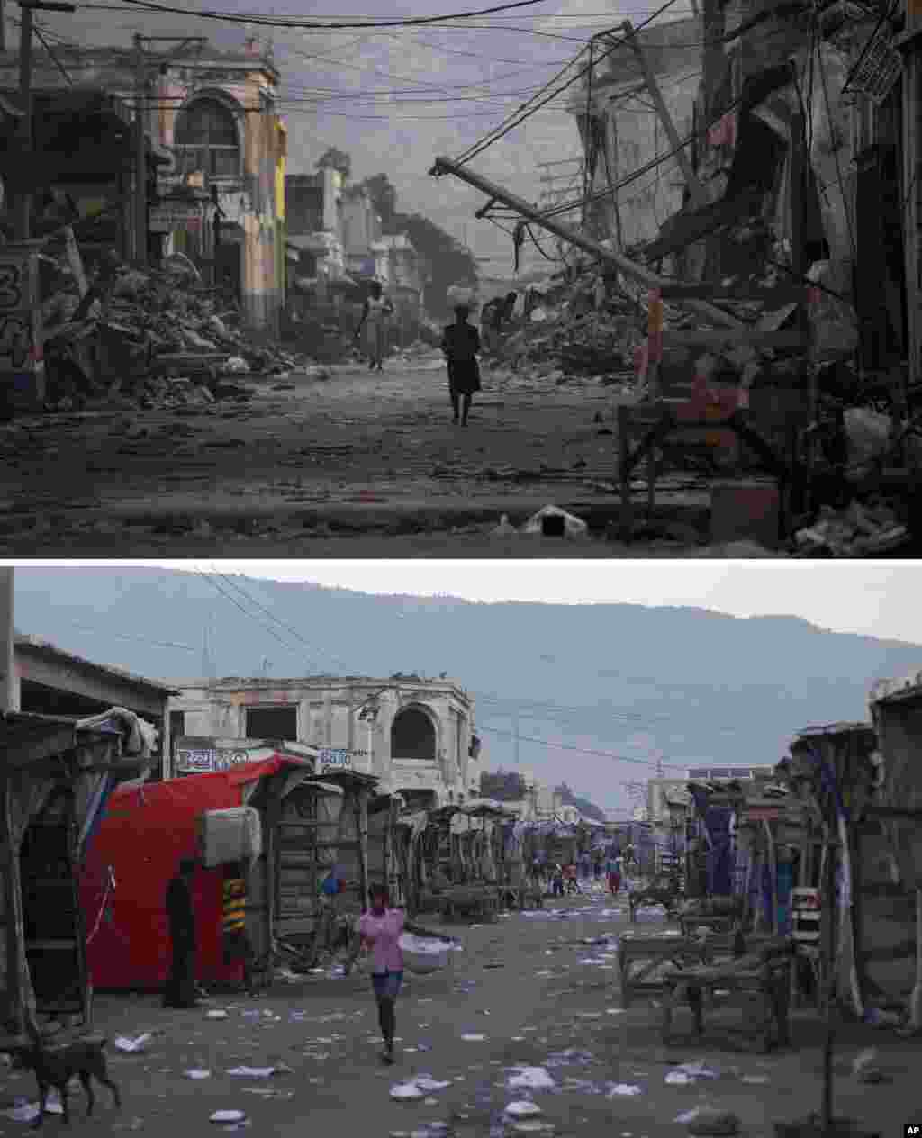 Gambar atas: &nbsp;Sebuah jalan yang hancur akibat gempa bumi yang melanda satu minggu sebelumnya di Port - au -Prince, 20 Januari 2010. Gambar bawah: Lokasi yang sama, 10 Januari 2015.