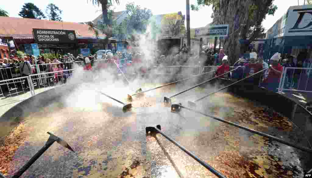 우루과이 몬테비데오에서 열린 프라도 농촌 축제에서 기네스 세계 기록에 올리기 위한 1만 명 분의 수프를 만들고 있다.