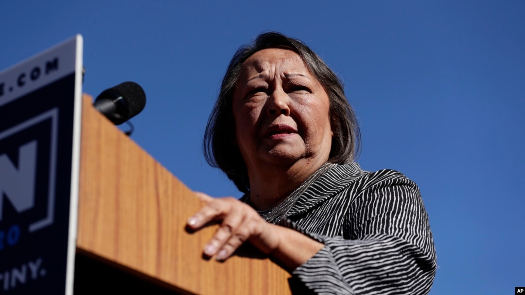 Rosie Castro introduces her son, former San Antonio Mayor and Housing and Urban Development Secretary Julian Castro, during an event where he announced his decision to seek the 2020 Democratic presidential nomination, Jan. 12, 2019, in San Antonio.