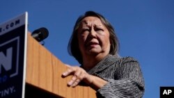 Rosie Castro introduces her son, former San Antonio Mayor and Housing and Urban Development Secretary Julian Castro, during an event where he announced his decision to seek the 2020 Democratic presidential nomination, Jan. 12, 2019, in San Antonio.