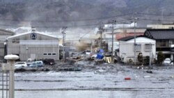 A tsunami wave washes away houses in Kesennuma, Miyagi prefecture, on March 11