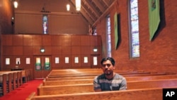 Francisco Aguirre Velasquez poses at Augustana Lutheran Church in Portland, Ore. Aguirre, an immigrant, took refuge at the church to avoid deportation. Photo taken July 6, 2015.