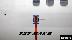 FILE - A seal is seen on Garuda Indonesia's Boeing 737 MAX 8 airplane parked at Soekarno-Hatta International airport near Jakarta, Indonesia, March 13, 2019. 