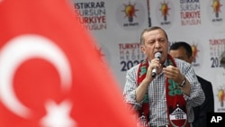 Turkey's Prime Minister Tayyip Erdogan addresses his Justice and Development Party (AKP) supporters during an election rally in Diyarbakir, in Kurdish-dominated southeastern Turkey, June 1, 2011