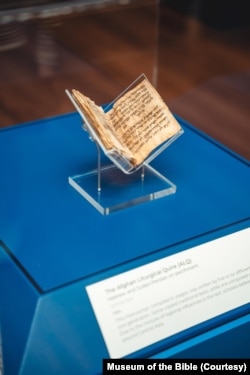 This undated photo shows the Afghan Liturgical Quire on display at the Museum of the Bible in Washington. A second exhibit is planned for New York starting this month.