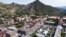 An aerial view of Goris with the tent camp for Ethnic Armenians from Nagorno-Karabakh arriving to Armenia in Syunik region, Armenia, Friday, Sept. 29, 2023. 