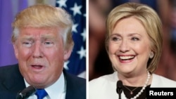 Republican U.S. presidential candidate Donald Trump, left, in Palm Beach, Fla., and Democratic presidential candidate Hillary Clinton in Miami, at their respective Super Tuesday campaign events, March 1, 2016. 