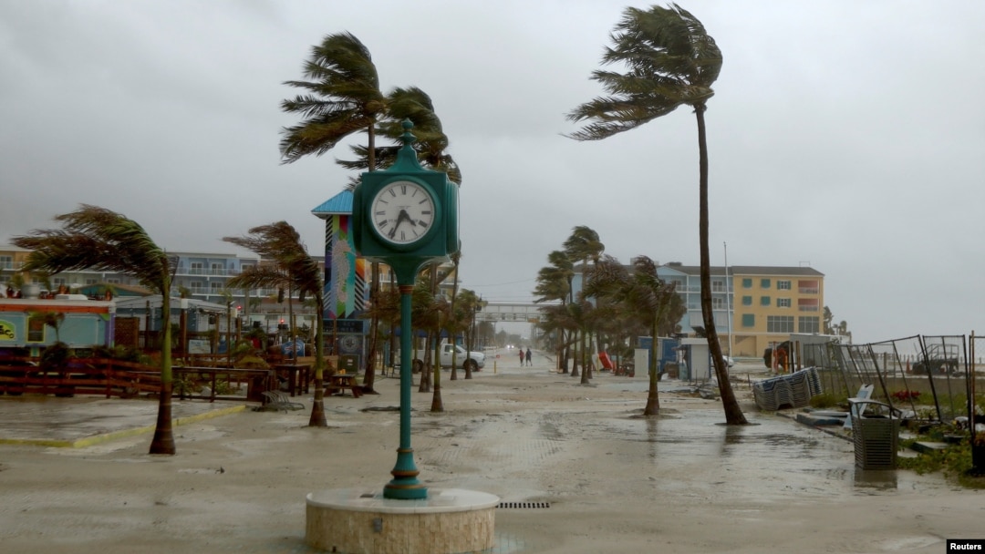 Palm trees blow from Tropical Storm Debby's bands, in Ft. Myers Beach, Florida, United States, August 4, 2024. Debby was later upgraded to a Category 1 hurricane.